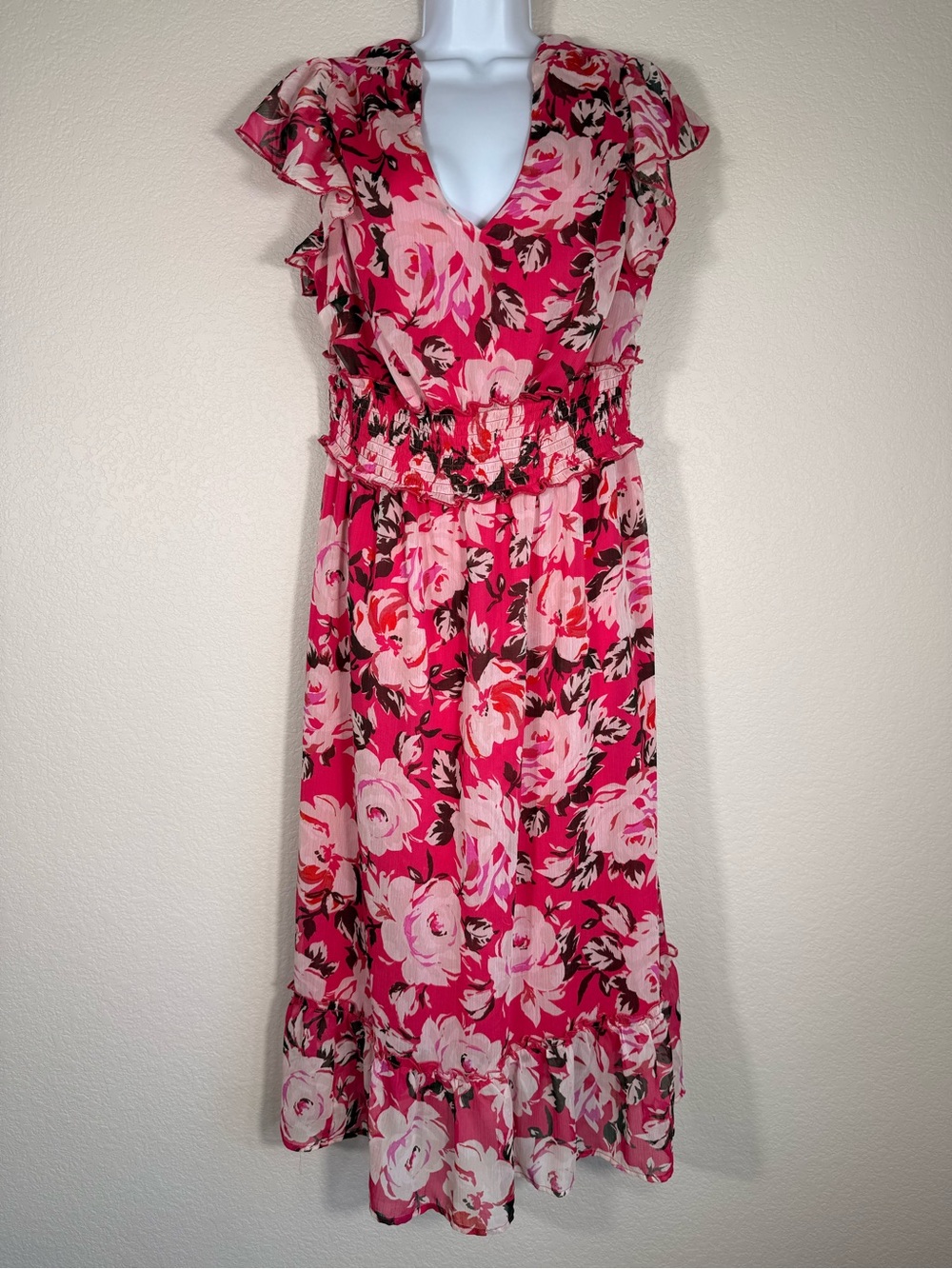 HINT of BLUSH Pink Floral V-Neck Ruffle Maxi Dress Womens Sz 1